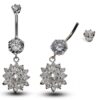 Silver Belly Button Ring, Belly Bars- Dangle drop Flower Belly Ring with High Quality Crystals - Navel Ring - 14g (1.6mm) Length is 10mm