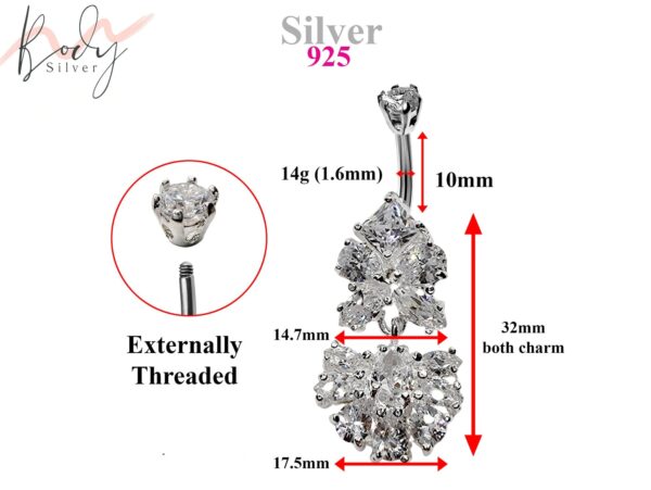 Silver Belly Button Ring, Navel Ring - Dangle Drop Belly Bar with High Quality CZ Crystals - Curved Barbell - 14g (1.6mm) Length is 10mm