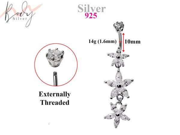 Silver Belly Button Piercing, Belly Bars - Triple dangle Flower Belly Ring with High Quality CZ Crystals Navel Ring 14g (1.6mm) Length 10mm