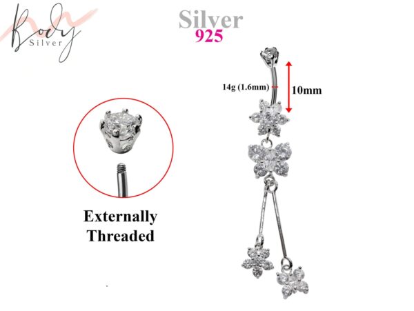 Silver Dangle Belly Button Ring, Belly Bars- Drop Butterfly and Flower Belly Ring with High Quality Crystals - Navel Ring - 14g (1.6mm)