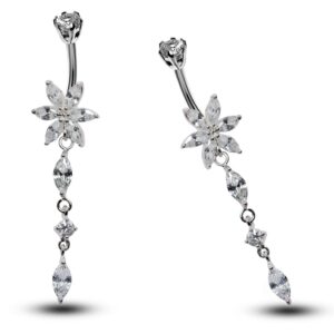 Silver Dangle Flower Belly Bars, Navel Ring - Drop Belly Ring with High Quality CZ Crystals - Curved Barbell - 14g (1.6mm) Length is 8mm