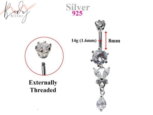 Silver Dangle Belly Bars, Navel Ring - Butterfly Drop Belly Ring with High Quality CZ Crystals - Curved Barbell - 14g (1.6mm) Length is 8mm