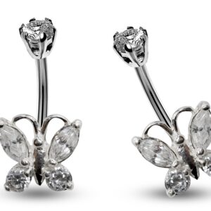 Silver Belly Bars, Navel Ring - Butterfly Belly Ring with High Quality CZ Crystals - Curved Barbell - 14g (1.6mm) Length is 8mm