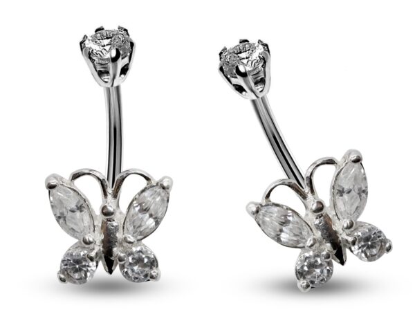 Silver Belly Bars, Navel Ring - Butterfly Belly Ring with High Quality CZ Crystals - Curved Barbell - 14g (1.6mm) Length is 8mm