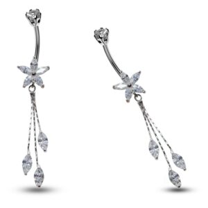 Silver Dangle Belly Bars, Navel Ring - Flower Dangle Belly Ring with Chain Drop CZ Crystals - Curved Barbell - 14g (1.6mm) Length is 8mm