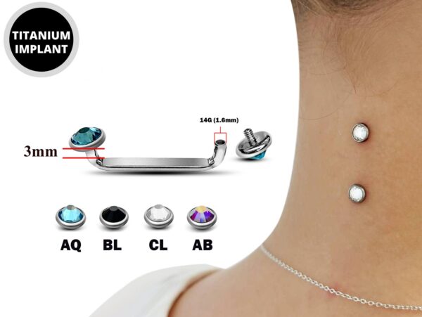 Titanium Dermal Surface Piercing, Nape Piercing - 14g Implant Grade Staple Bar with Top Gem CZ Crystals