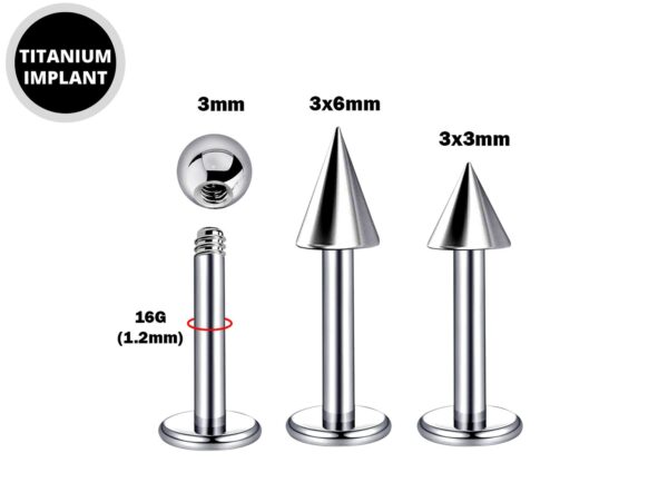 Titanium Labret Stud Piercing Ball, Cone, Spike - 3pcs - 16g Lip Piercing Also for Tragus Helix Cartilage Madonna Medusa Side Labret