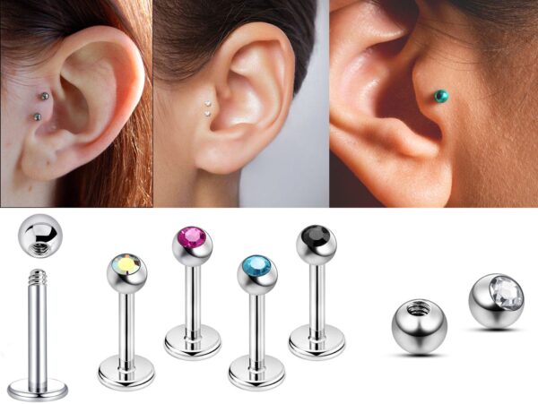 Titanium Tragus Piercing - 5pcs 16g 14g Ear Stud Piercing with Gem Ball Crystals Also for Lip Labret Cartilage Madonna Medusa Side Labret