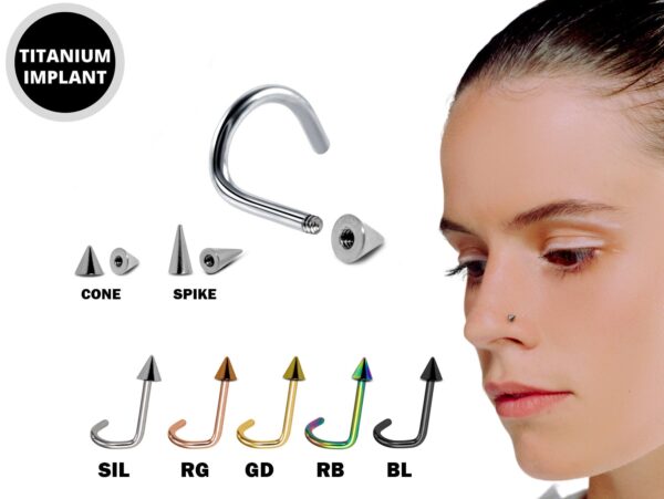 Titanium Cone / Spike Indian Nose Studs Nostril Screw 20g 18g 16g Nose pin in many Colours - Vacuum Plated - Externally Threaded Ball