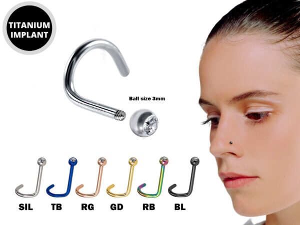 Titanium Indian Nose Studs Nostril Screw with Gem Balls 20g 18g 16g Nose pin in many Colours - Vacuum Plated - Externally Threaded Ball