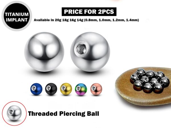 Titanium Plain Ball Replacement Parts - 2pcs Threaded Piercing Ball in many Colours - Attachment for 18g 16g 14g Barbells Body Piercing