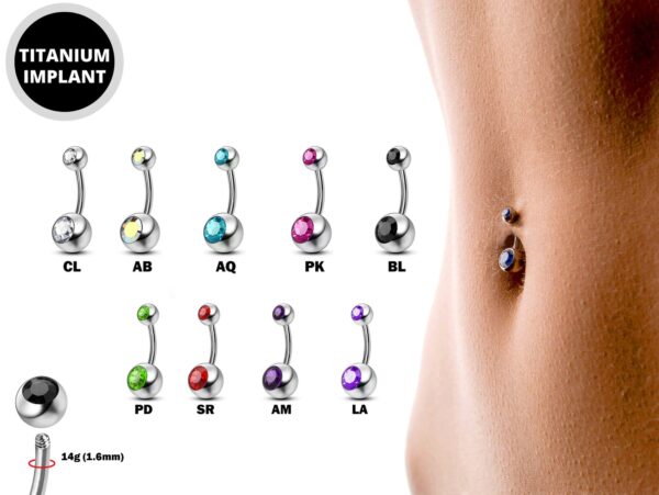 Titanium Belly Ring, Navel Ring - 14g Double Jeweled Belly Crystal Body Jewellery - Short and Long Belly Bars