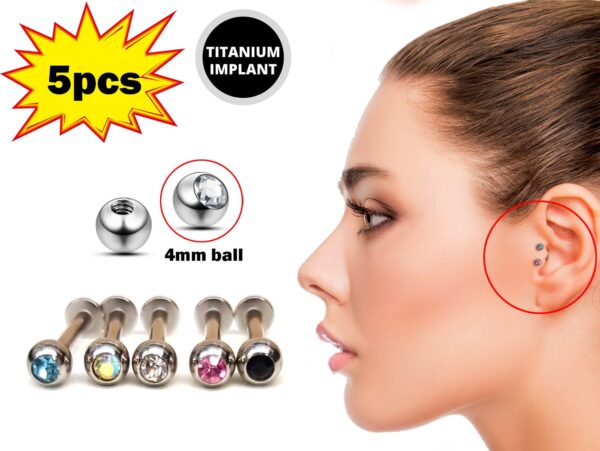 Titanium Tragus Piercing - 5pcs 16g 14g Ear Stud Piercing with Gem Ball Crystals Also for Lip Labret Cartilage Madonna Medusa Side Labret