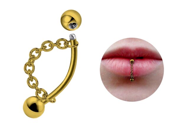 Titanium Lip Ring Vertical Labret Piercing with Chains - 18g 16g 14g Lip Piercing Curved Bar, Body Jewelry Gold, Rose Gold, Black & Steel