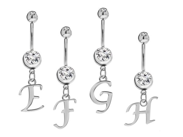 Titanium Navel Jewelry, Belly Button Jewelry - 14g Belly Bar with Dangle Sterling Silver Initial Letter Charm A-Z- Alphabet Belly Ring