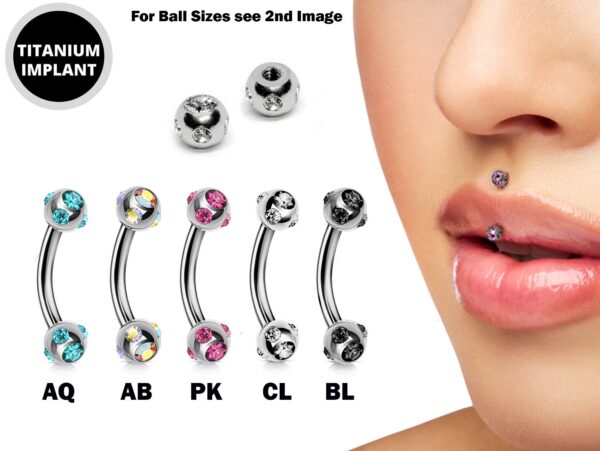 Titanium Jestrum Jewelry, Vertical Medusa Lip Jewelry with Multi Stone Crystals - 18g 16g 14g Curved Bar - Also Piercing Stud for Rook Ear