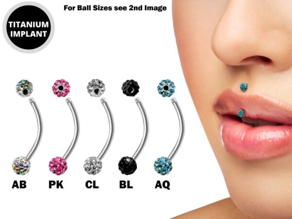 Titanium Jestrum Jewelry, Vertical Medusa Lip Jewelry with Disco Ball Crystals - 18g 16g 14g Curved Bar - Also Piercing Stud for Eyebrows