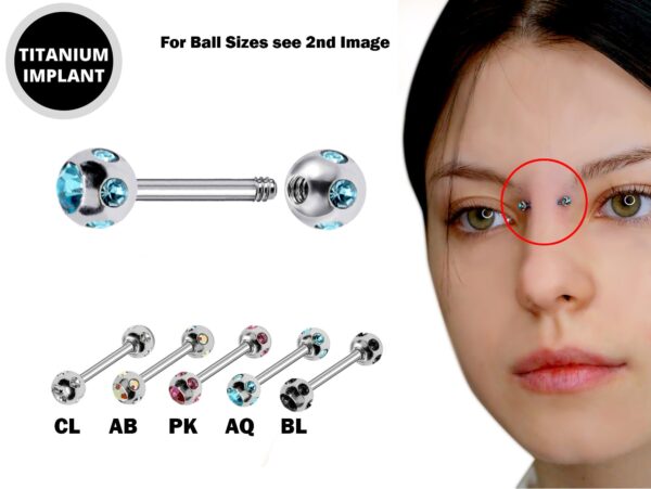 Titanium Upper Nose Bridge Piercing, Barbell Studs 18g, 16g, 14g Body Piercing Barbell with Multi Stone Ball CZ Crystals