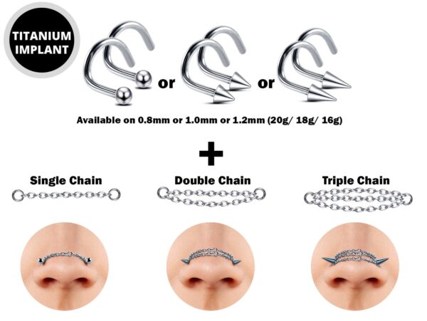 Titanium Nasallang Nostril Studs Nose Chain Piercing - 20g 18g 16g Spike/Ball/Cone Nose Stud Externally Threaded Nostril Jewelry