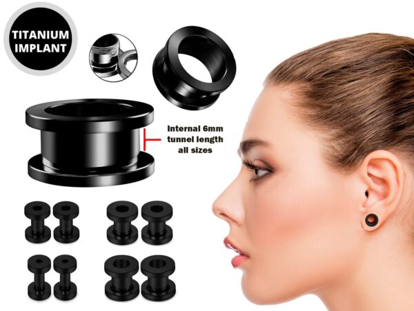 Titanium Steel Flesh Tunnel Plug Earrings - Screw back Ear gauges, Ear Stretching Kit - 8g 6g 4g 2g 0g 00g - Silver, Black, Gold & Rose Gold