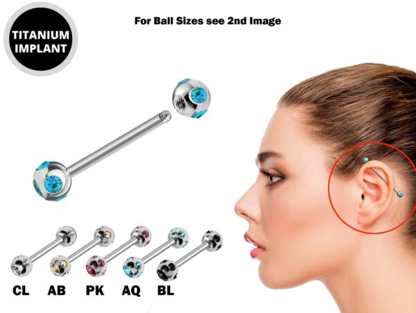 Titanium Industrial Barbell Piercing for Upper Cartilage Earrings with Multi Stone Crystal Ball - 16g 14g Long Barbell