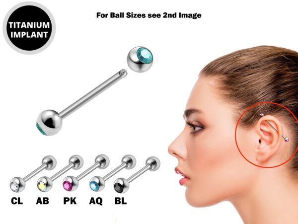 Titanium Industrial Barbell Piercing for Upper Cartilage Earrings with CZ Crystal Gem Ball - 16g 14g Long Barbell