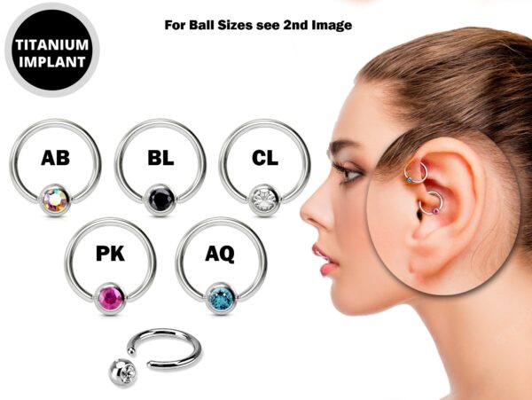 Titanium Captive Bead Earring Daith Piercing, Daith Ring 18g 16g 14g with Crystal Gem Ball - For Cartilage , Septum, Eyebrow and Nipple Ring