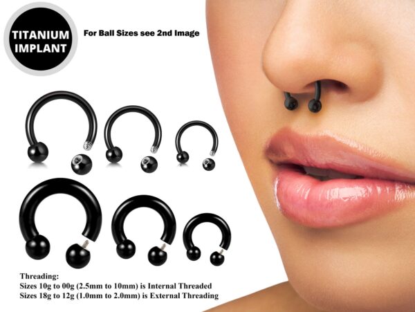 Titanium Horseshoe Ring Piercing 18g to 00g Black Septum Jewelry Bull Piercing Also for Nipple, PA Ring, Lips Internal / External Threaded