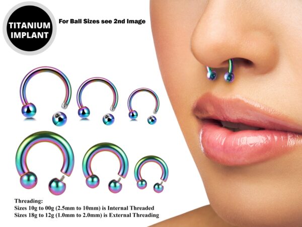 Titanium Horseshoe Ring Piercing 18g to 00g Rainbow Septum Jewelry Bull Piercing Also for Nipple, PA Ring, Lips Internal / External Threaded