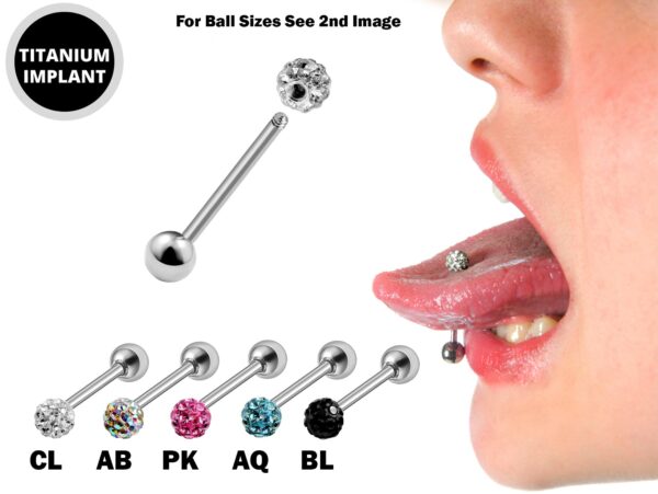 Titanium Tongue Piercing Bar, Barbell Stud with Disco Ball CZ Crystals - 18g 16g 14g Body Piercing Also for Nose Bridge, Nipple Bar