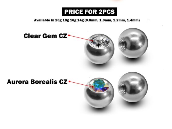 Titanium Coloured Plain Ball Replacement Parts - 2pcs Threaded Piercing Ball with CZ Gem - Attachment for 18g 16g 14g Barbells Body Piercing