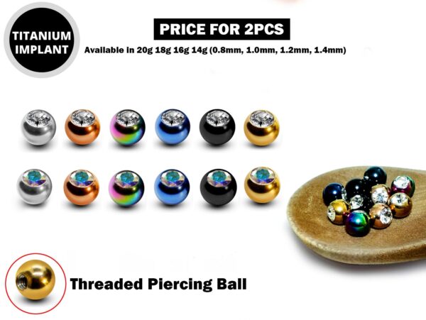 Titanium Coloured Plain Ball Replacement Parts - 2pcs Threaded Piercing Ball with CZ Gem - Attachment for 18g 16g 14g Barbells Body Piercing