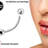 Titanium Vertical Labret Stud Lip Piercings - External / Internal 18g 16g 14g Curved Bar - Also Piercing Stud for Anti- Eyebrow, Rook Stud