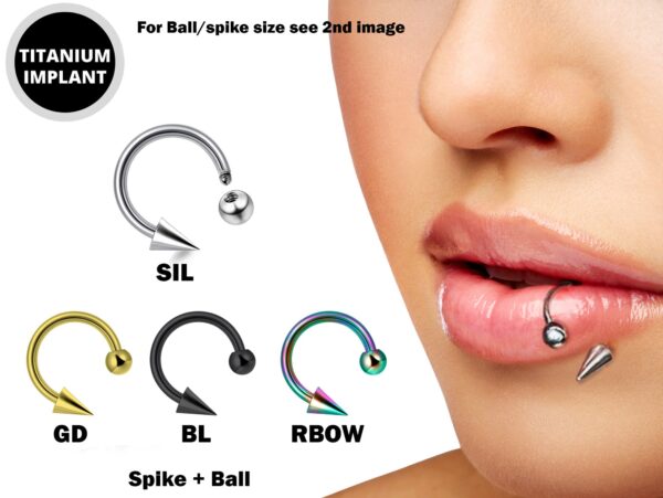 Titanium Horseshoe Lip Ring with Ball and Spike - 18g 16g 14g Lip Hugger Piercing, Canine Bites, Shark Bites, Spider Bites Lip Jewelry