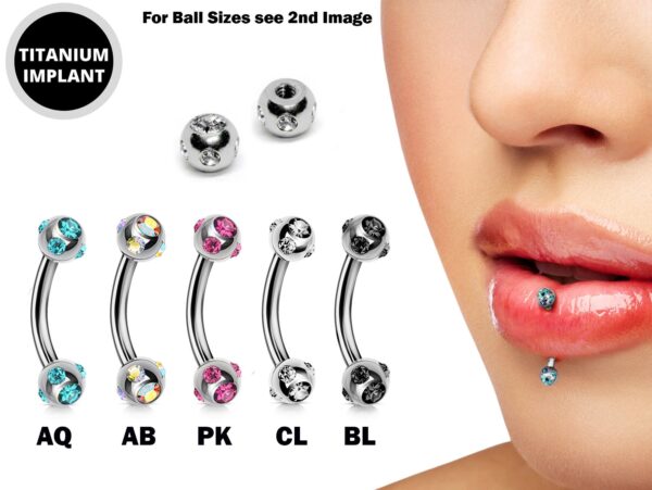 Titanium Vertical Labret Stud Lip Piercings with Multi Stone Ball - 18g 16g 14g Curved Bar - Also Piercing Stud for Anti- Eyebrow, Rook Stud