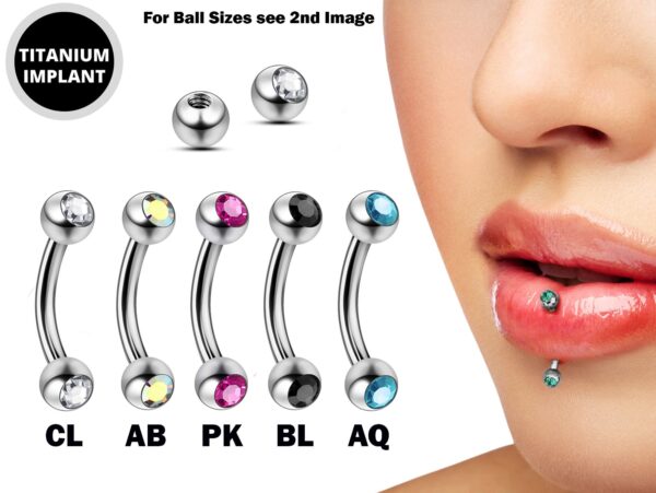 Titanium Vertical Labret Stud Lip Piercings with Gem Ball Crystal - 18g 16g 14g Curved Bar - Also Piercing Stud for Anti- Eyebrow, Rook Stud