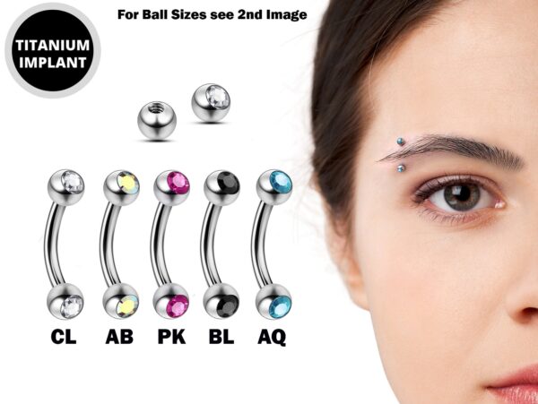 Titanium Eyebrow Stud, Eyebrow Jewelry with Gem Ball Crystal - 18g 16g 14g Curved Bar Body Piercing also for Ear Piercing, Lip Barbell