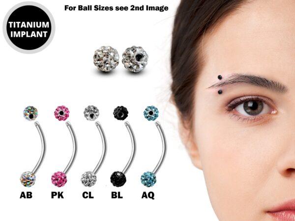 Eyebrow Stud, Eyebrow Ring - Titanium Implant with Disco Ball Crystal 18g 16g 14g curved bar also piercing for rook, Lips, Cartilage