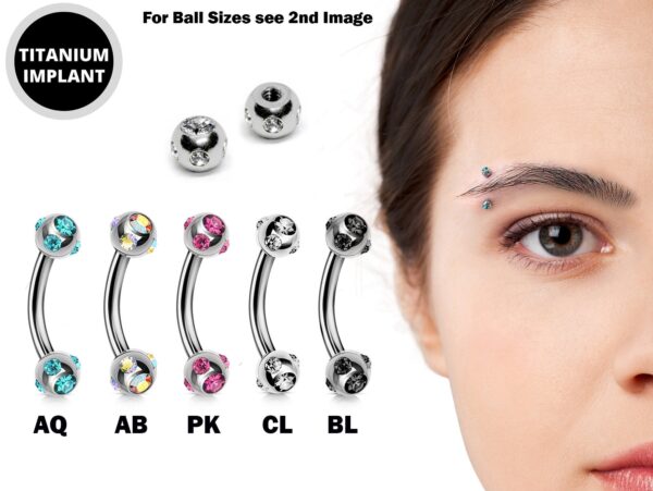 Eyebrow Jewelry Piercing Studs - Titanium 18g 16g 14g Curved Bar with Multi Crystal Ball - Bent Bar, Eyebrow Piercing, Ear Piercing, Lip