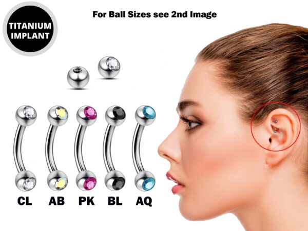 Titanium Rook Piercing Jewelry Earring with Gem Ball Crystal - 18g 16g 14g Curved Bar Body Piercing, Ear Piercing, Rook Earring