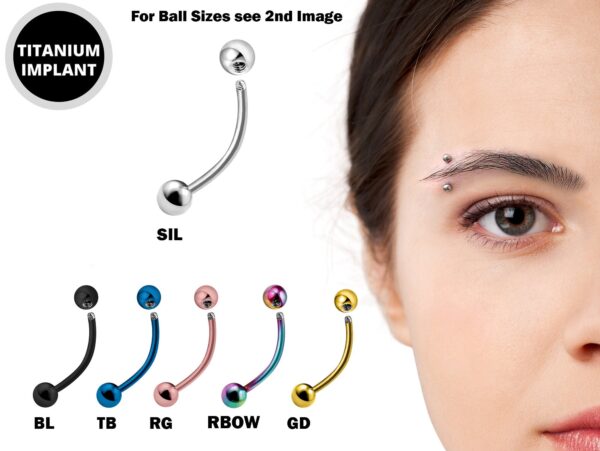 Titanium Eyebrow Piercings - 18g 16g 14g Curved Bar with Vacuum Plated Colour - Also Piercing Stud for Anti- Eyebrow, Rook Stud, Cartilage