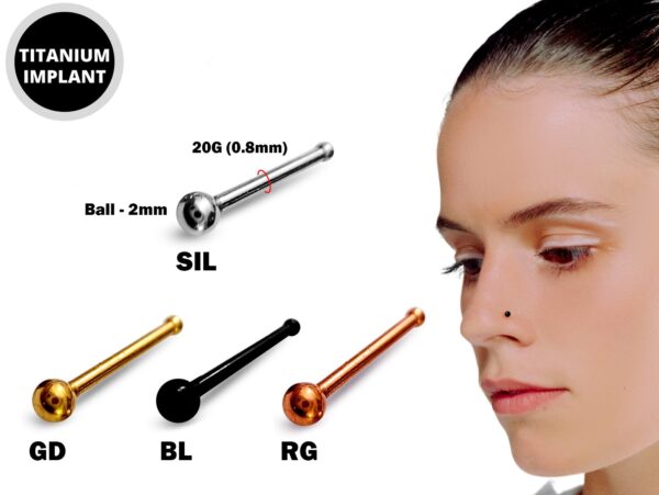 Titanium Bone Nose Stud Piercing, 20g Ball Nose Pin in many Colour - Ball size is 2mm Body Piercing for Nostril Stud, Nose Piercing