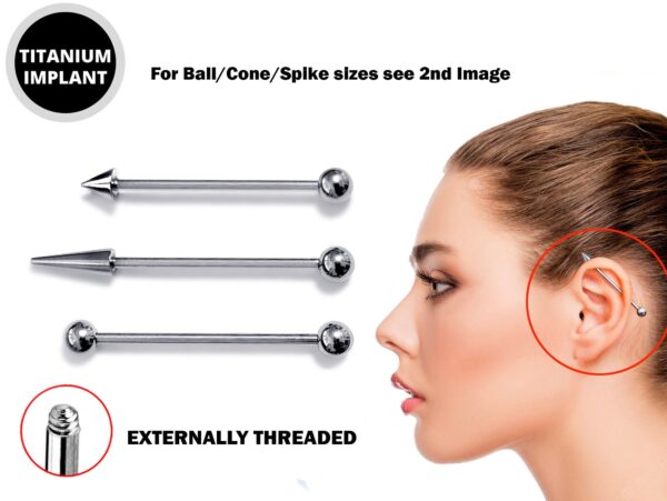 Ball/Cone/Spike Upper Ear Industrial Barbell Piercing Studs - Titanium Implant 16g 14g Barbell Earrings Straight Barbell Externally Threaded