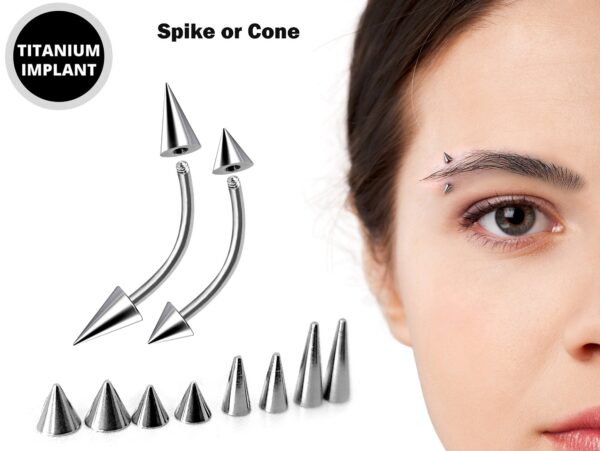 Cone / Spike Eyebrow Piercing Jewelry Titanium Curved Bar 18g 16g 14g Top part with Different sizes - Body Piercing Rook, Anti-Eyebrow