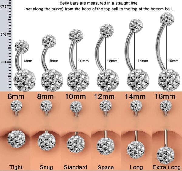 Disco Ball Belly Ring, Navel Ring - Titanium 14g Ferido Ball Bling Bling Belly Crystal Body Jewellery - Short and Long Belly Bars