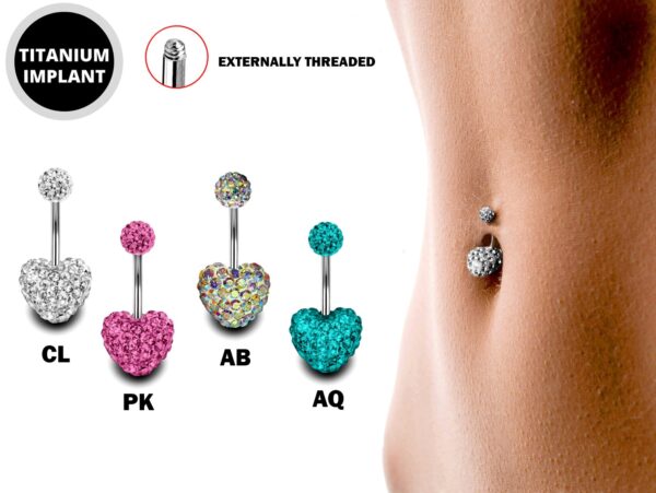 Heart Belly Ring, Navel Ring - Titanium 14g Multi Crystal Heart Shape Bling Bling Belly Bar Crystal Body Jewelry - Short and Long Belly Bars