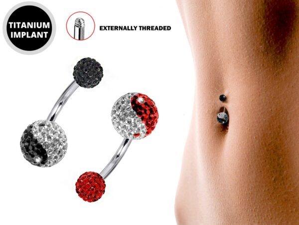 Yin Yang Belly Ring, Navel Ring with Disco ball CZ Crystal - Titanium 14g size 10mm Standard Belly bar, Belly Button Body Piercing