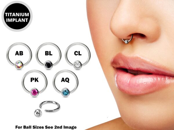 Titanium Captive Bead Ring Nose Septum Piercing 18g 16g 14g Nose Ring with Gem Ball CZ Crystal - Also Piercing for Ears, Nipple, Helix Ring