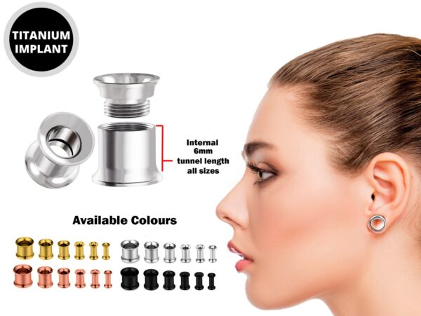 Titanium Steel Double Flare Threaded Plugs Earring - Ear gauges, Ear Stretching Kit - 8g 6g 4g 2g 0g 00g - Steel, Black, Gold & Rose Gold