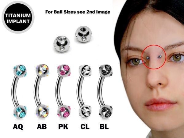 Curved Nose Bridge Piercing Jewelry with 5 Stone Crystal Ball - Titanium 18g 16g 14g Bent Bar Piercing also for Eyebrow, Lip Barbell